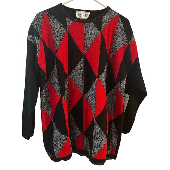 Carly Blake Sweaters - Carly Blake Vintage 90s Argyle Knit Sweater Women Black Red Sparkle 1X
